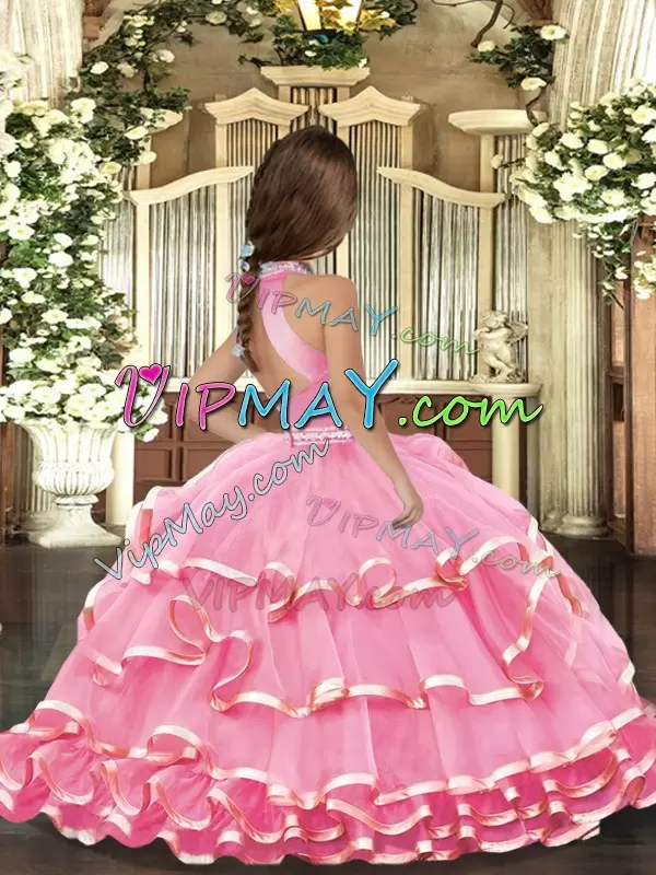 Inexpensive Sleeveless Organza Floor Length Backless Kids Pageant Dress in Pink with Beading and Ruffled Layers