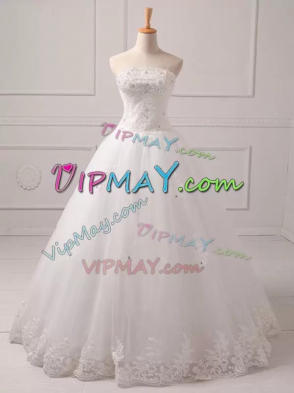 White A-line Tulle Scoop Sleeveless Beading and Appliques Floor Length Bridal Gown Brush Train