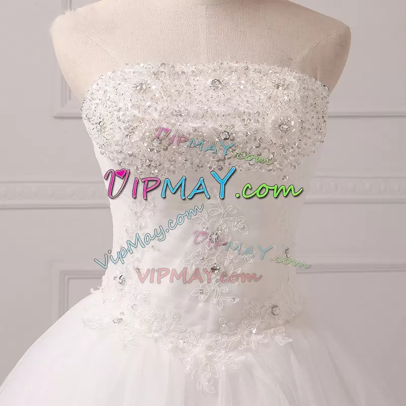 White A-line Tulle Scoop Sleeveless Beading and Appliques Floor Length Bridal Gown Brush Train