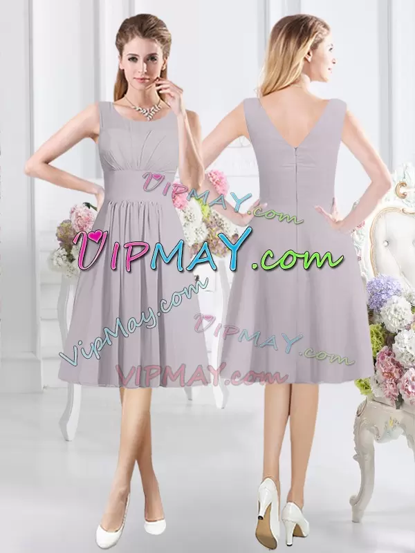 Stylish Grey Scoop Zipper Ruching Bridesmaid Dress Sleeveless