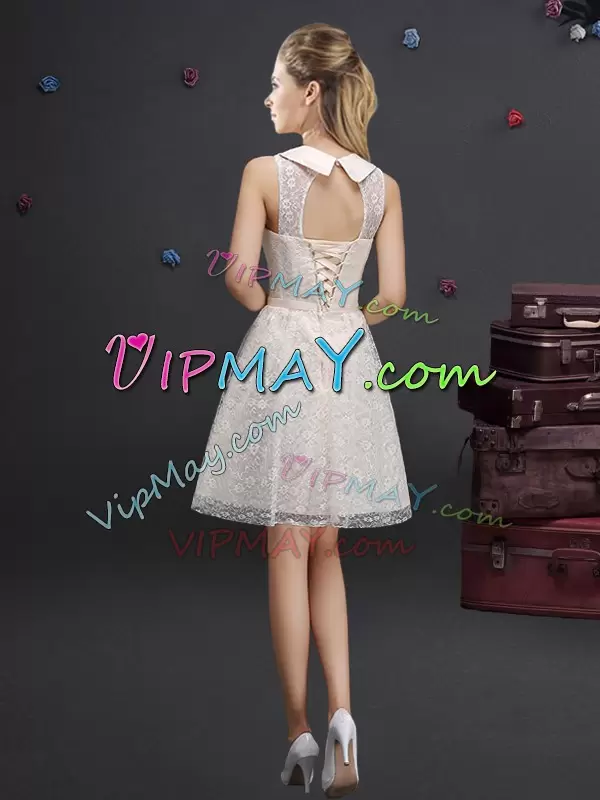 Champagne High-neck Neckline Lace and Appliques Wedding Guest Dresses Sleeveless Lace Up