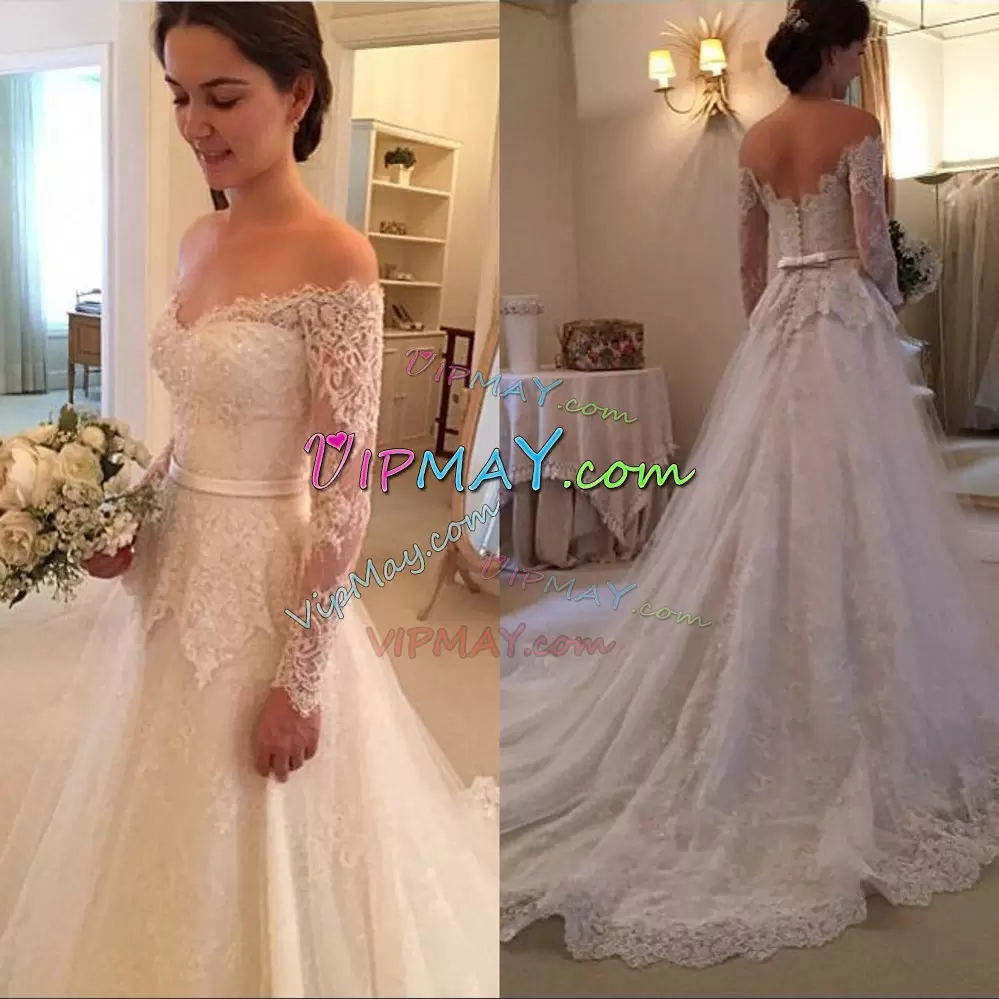 Off The Shoulder Long Sleeves Bridal Gown Court Train Lace and Appliques White Tulle