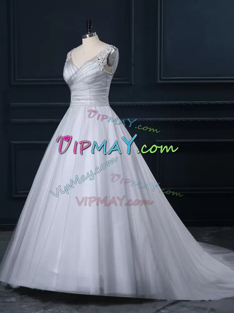 Inexpensive Grey Wedding Dress Wedding Party with Beading and Appliques V-neck Sleeveless Court Train Lace Up