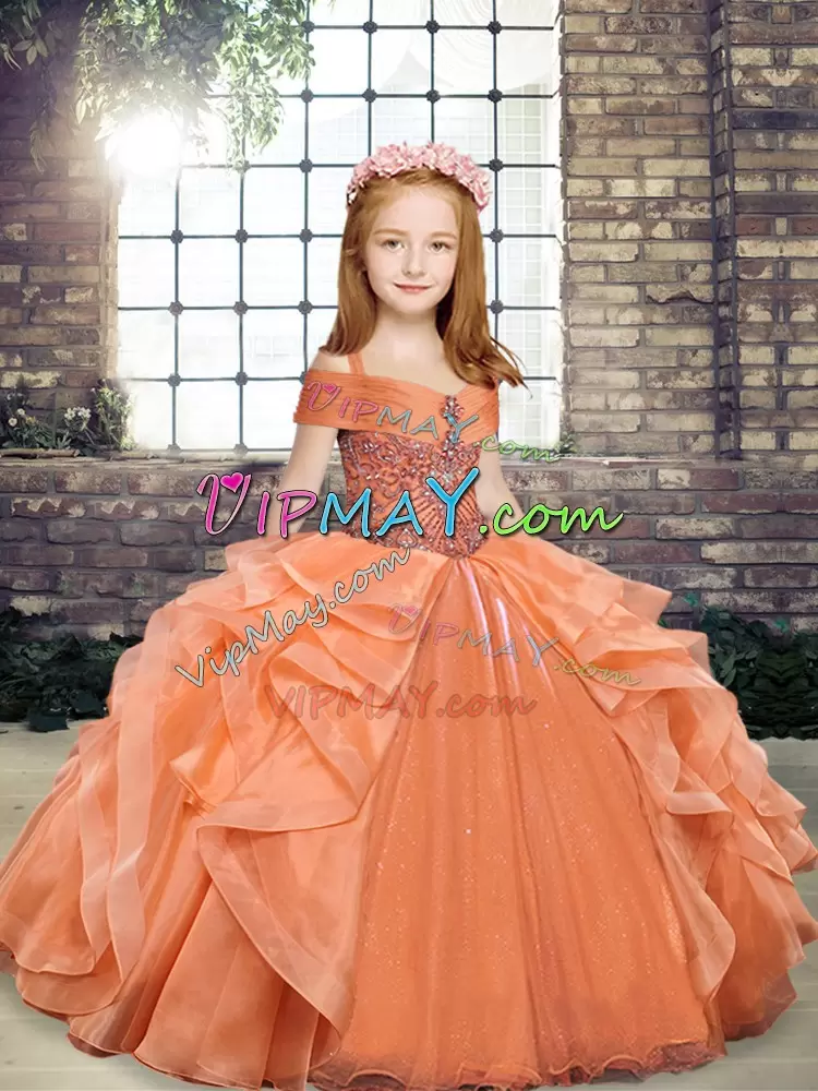 Custom Fit Straps Sleeveless Pageant Dress for Teens Floor Length Beading and Ruffles Orange Organza