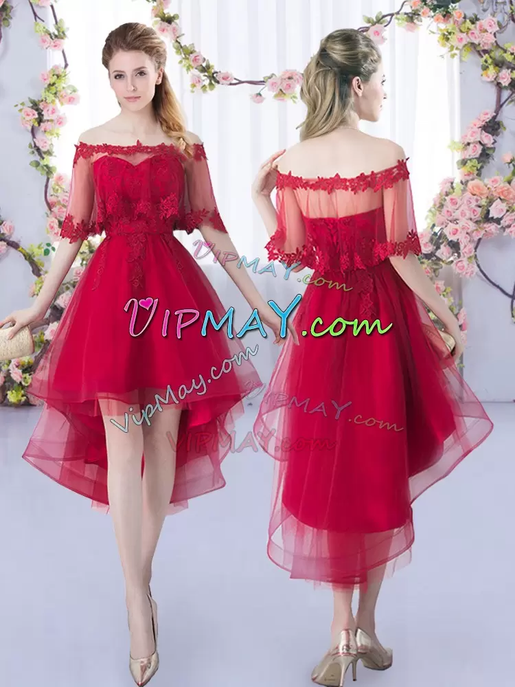 Wine Red A-line Tulle Sweetheart Sleeveless Lace High Low Lace Up Wedding Guest Dresses