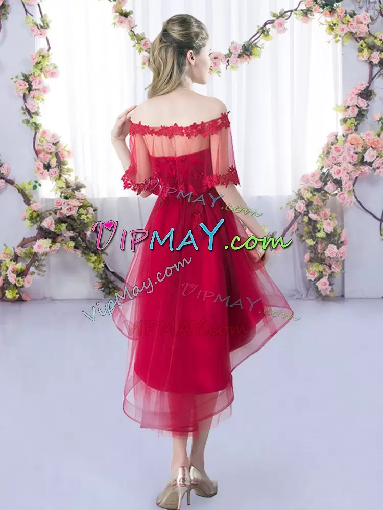 Wine Red A-line Tulle Sweetheart Sleeveless Lace High Low Lace Up Wedding Guest Dresses