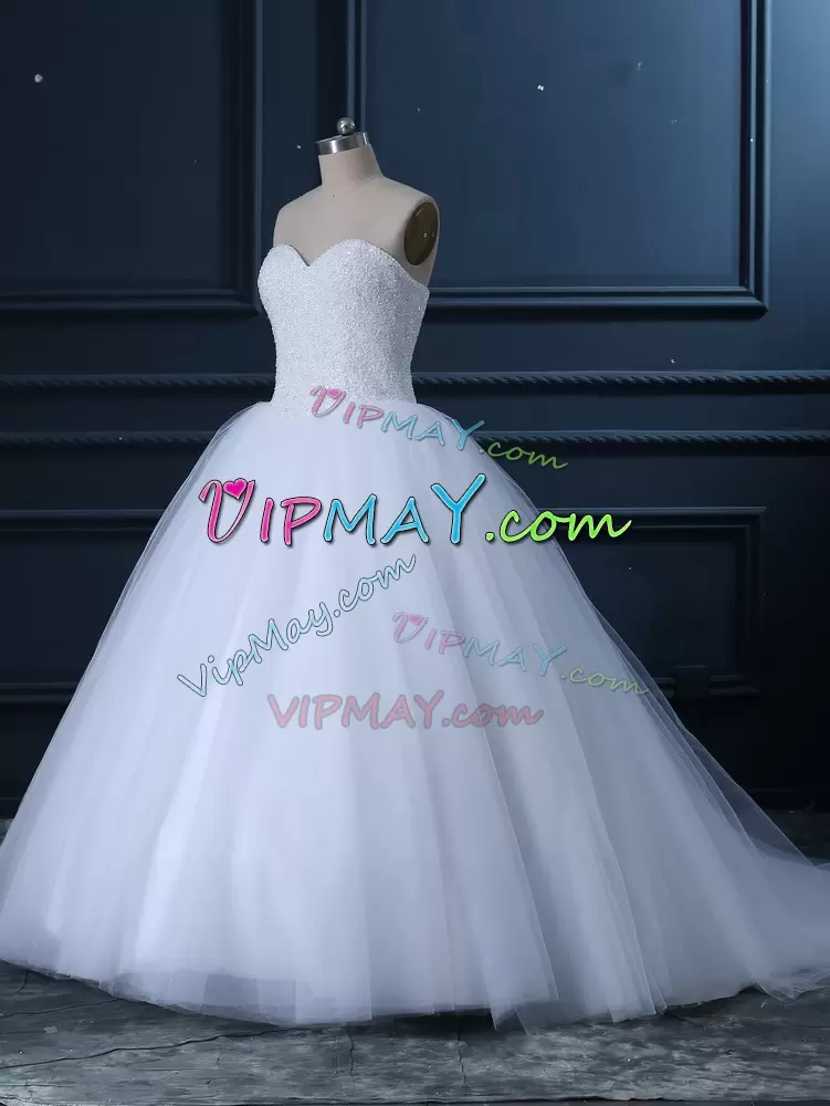 Top Selling White Lace Up Sweetheart Beading Wedding Gown Tulle Sleeveless Brush Train