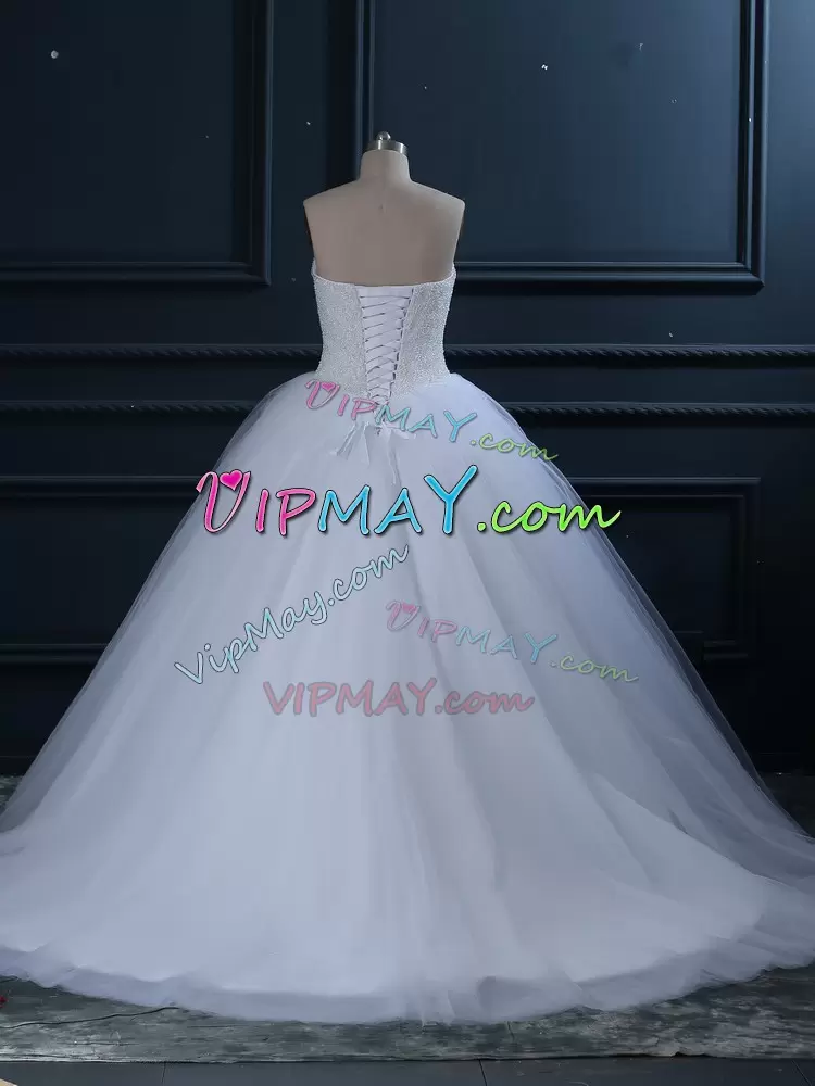 Top Selling White Lace Up Sweetheart Beading Wedding Gown Tulle Sleeveless Brush Train