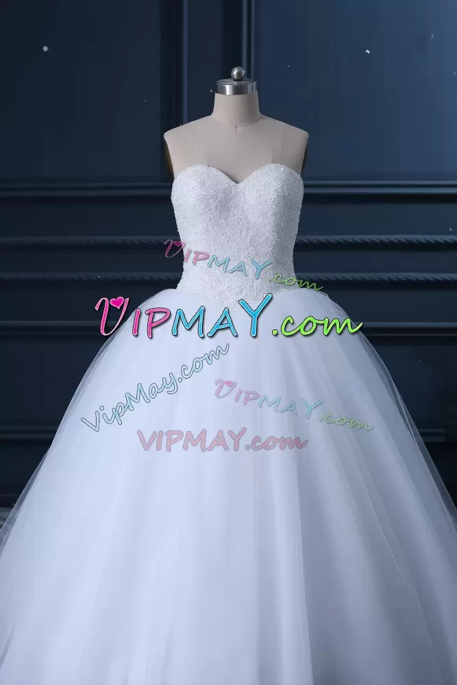 Top Selling White Lace Up Sweetheart Beading Wedding Gown Tulle Sleeveless Brush Train