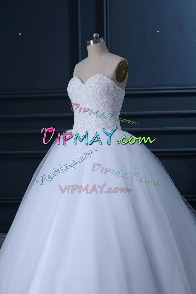 Top Selling White Lace Up Sweetheart Beading Wedding Gown Tulle Sleeveless Brush Train