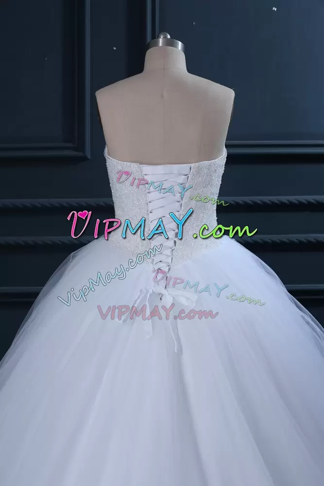 Top Selling White Lace Up Sweetheart Beading Wedding Gown Tulle Sleeveless Brush Train