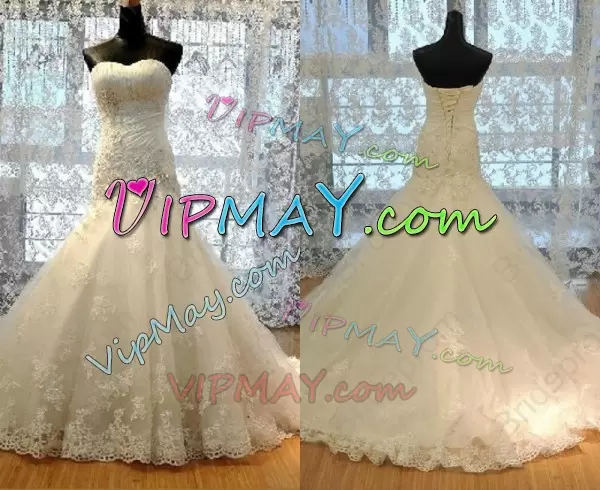 White Sweetheart Lace Up Lace and Appliques Wedding Dresses Sweep Train Sleeveless