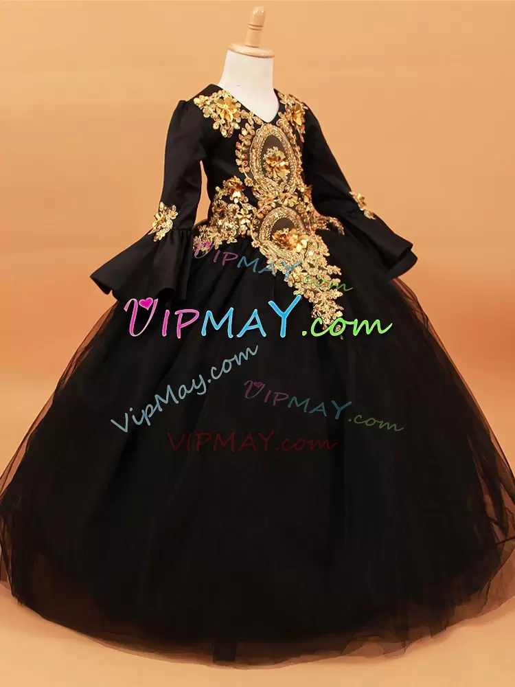 Black V-neck Beading and Appliques Child Pageant Dress Long Sleeves