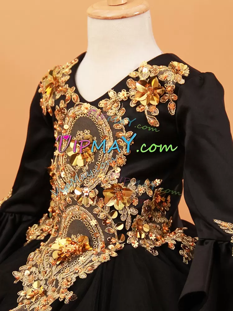 Black V-neck Beading and Appliques Child Pageant Dress Long Sleeves