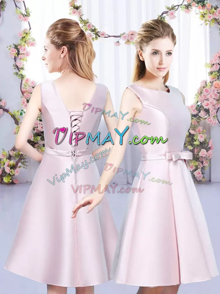 Hot Sale Baby Pink A-line Scoop Sleeveless Satin Mini Length Lace Up Bowknot Bridesmaid Dress