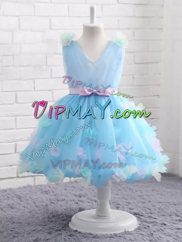 Baby Blue Zipper Kids Formal Wear Appliques and Hand Made Flower Sleeveless Knee Length