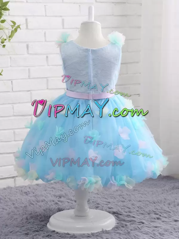 Baby Blue Zipper Kids Formal Wear Appliques and Hand Made Flower Sleeveless Knee Length