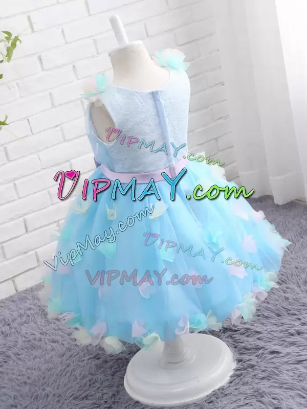 Baby Blue Zipper Kids Formal Wear Appliques and Hand Made Flower Sleeveless Knee Length