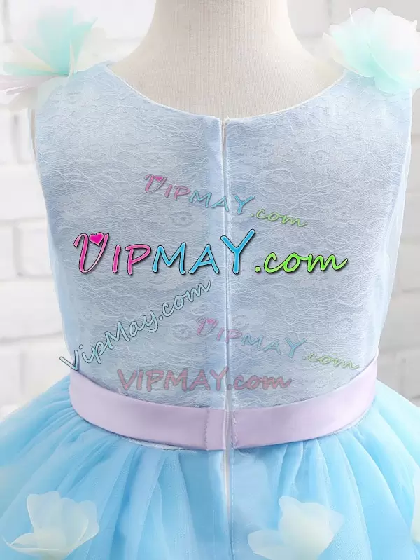 Baby Blue Zipper Kids Formal Wear Appliques and Hand Made Flower Sleeveless Knee Length