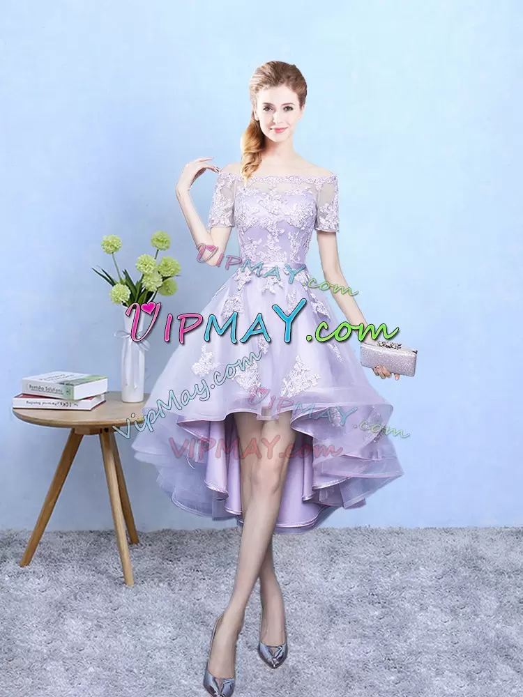 Top Selling Off The Shoulder Short Sleeves Tulle Wedding Guest Dresses Lace Lace Up