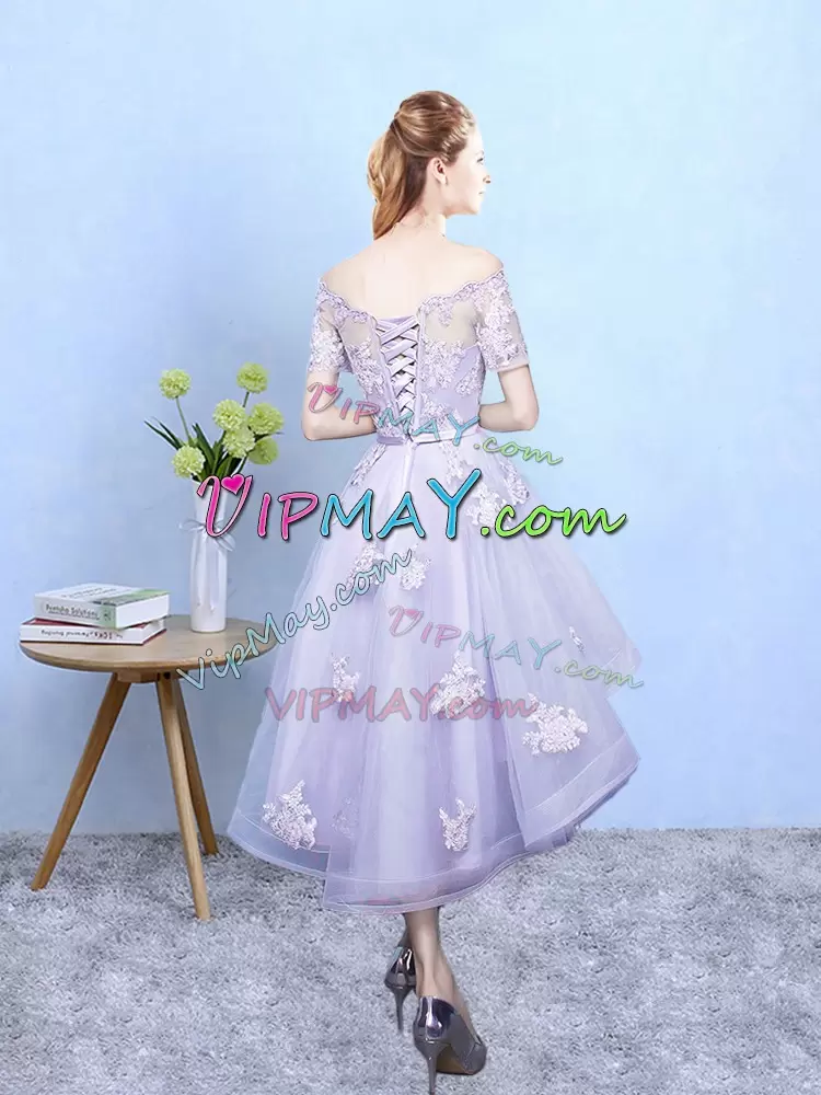 Top Selling Off The Shoulder Short Sleeves Tulle Wedding Guest Dresses Lace Lace Up