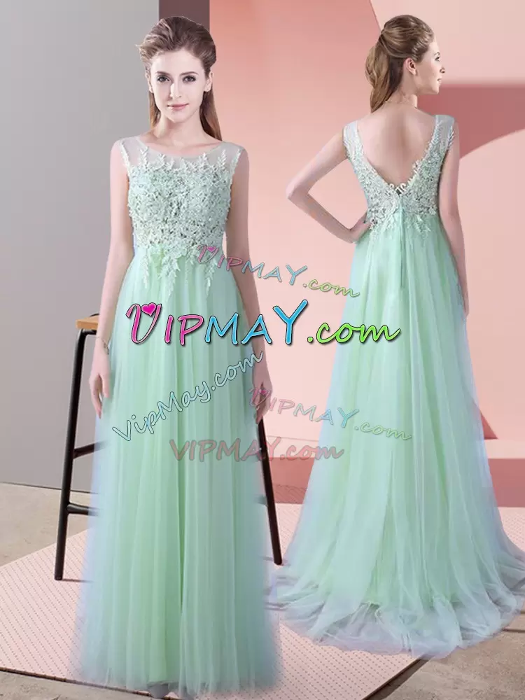 Apple Green Sleeveless Beading and Lace Zipper Bridesmaids Dress Scoop