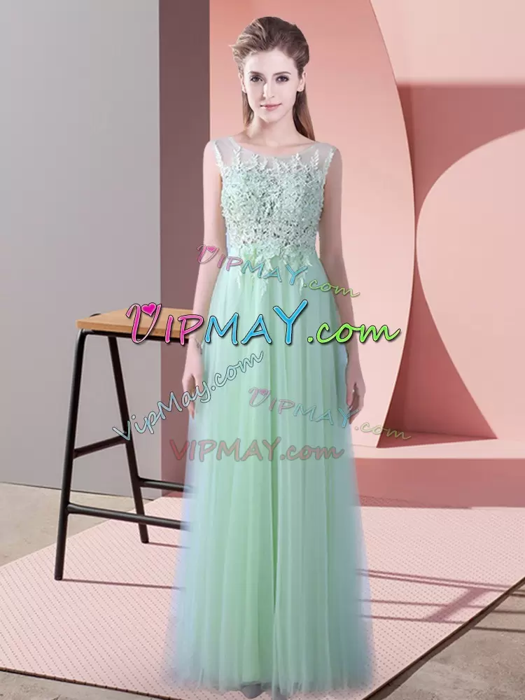 Apple Green Sleeveless Beading and Lace Zipper Bridesmaids Dress Scoop