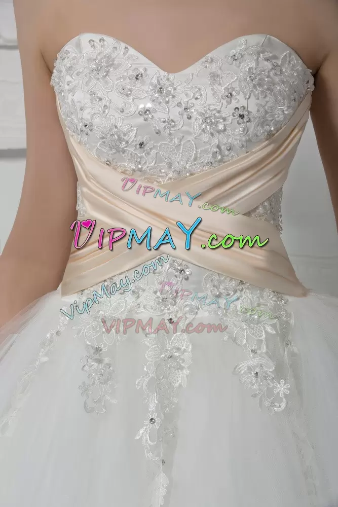 Charming White Ball Gowns Beading and Lace Wedding Gown Lace Up Tulle Sleeveless Floor Length