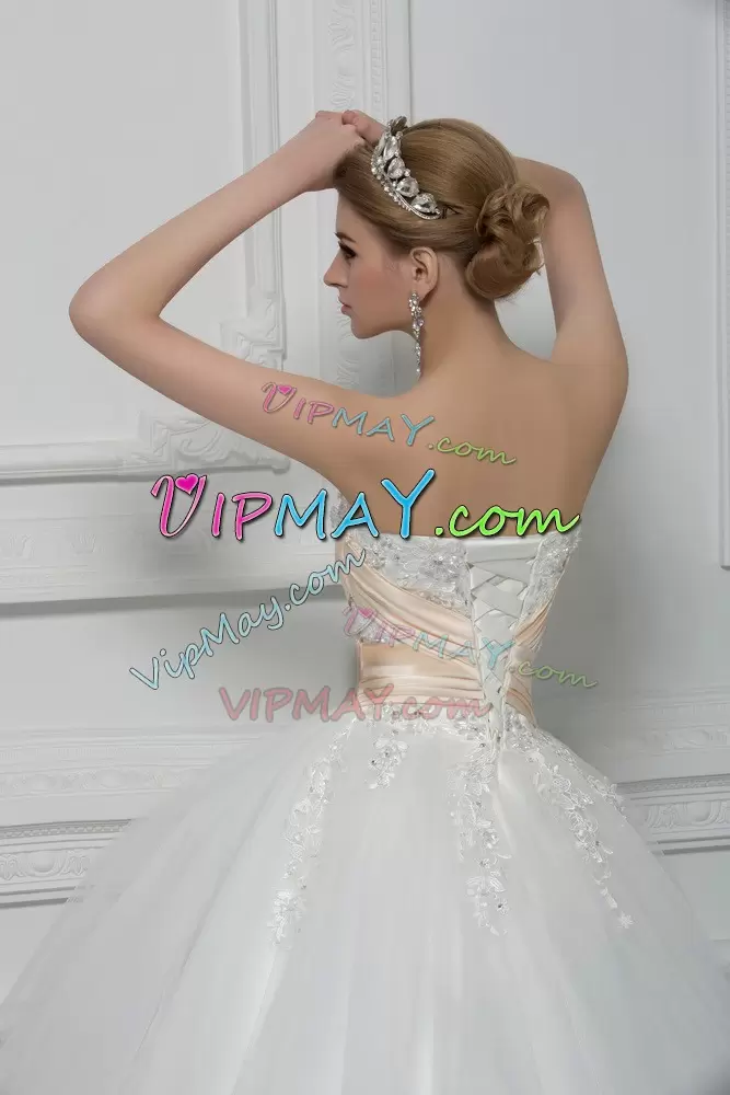 Charming White Ball Gowns Beading and Lace Wedding Gown Lace Up Tulle Sleeveless Floor Length