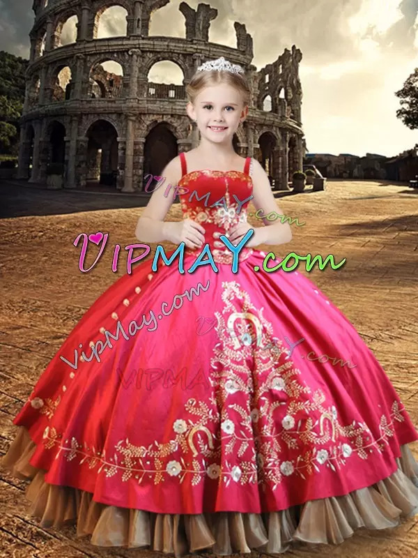 Hot Pink Lace Up Child Pageant Dress Embroidery Sleeveless Floor Length