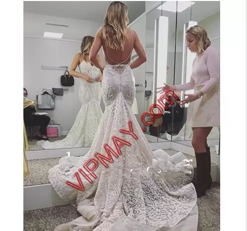 White Straps Backless Lace Wedding Dress Court Train Sleeveless