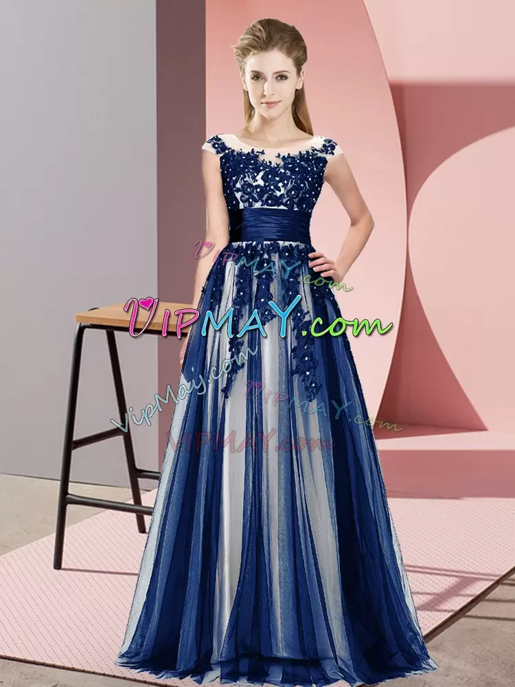 Dynamic Navy Blue Sleeveless Beading and Lace Floor Length Wedding Party Dress