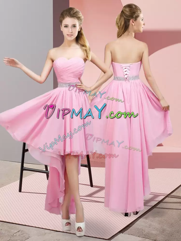 Pink A-line Chiffon Sweetheart Sleeveless Beading High Low Lace Up Dama Dress for Quinceanera