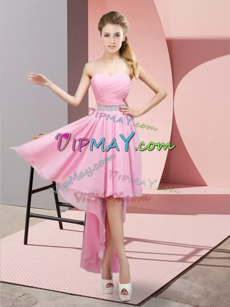 Pink A-line Chiffon Sweetheart Sleeveless Beading High Low Lace Up Dama Dress for Quinceanera