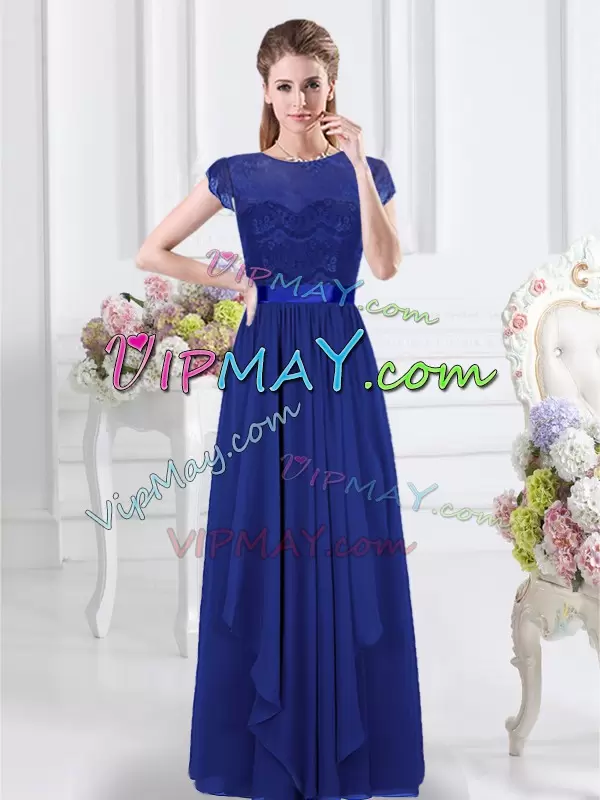 Fantastic Royal Blue Short Sleeves Floor Length Lace and Belt Zipper Bridesmaids Dress Scoop