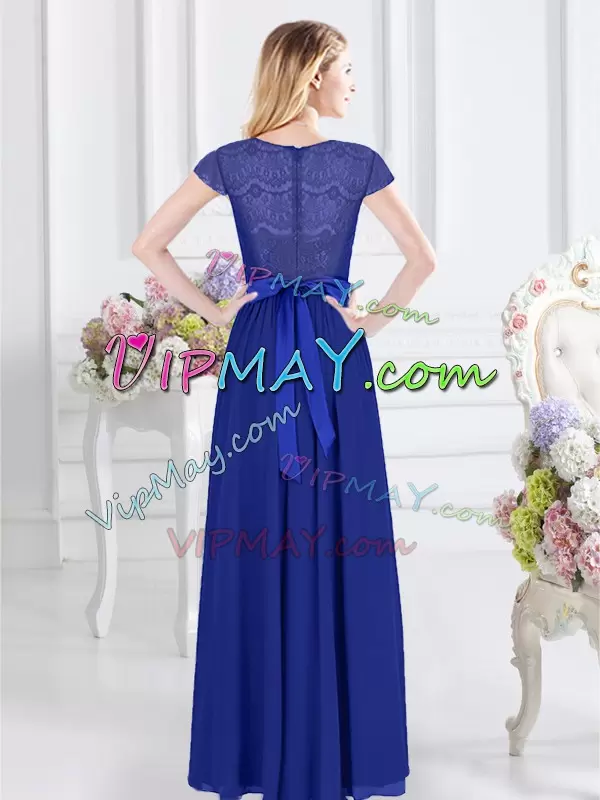 Fantastic Royal Blue Short Sleeves Floor Length Lace and Belt Zipper Bridesmaids Dress Scoop