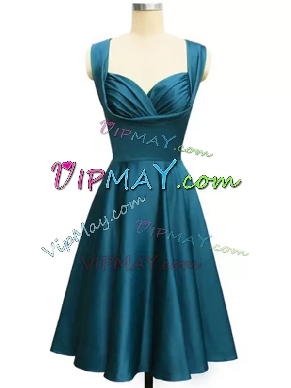 Latest Teal Lace Up Bridesmaid Dress Ruching Sleeveless Knee Length