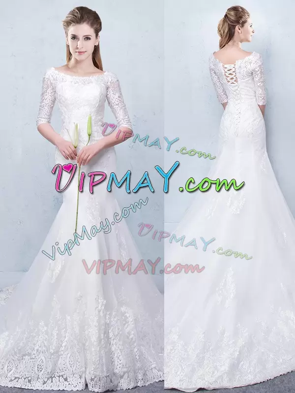 Enchanting Lace Wedding Dress White Lace Up Half Sleeves With Train Court Train