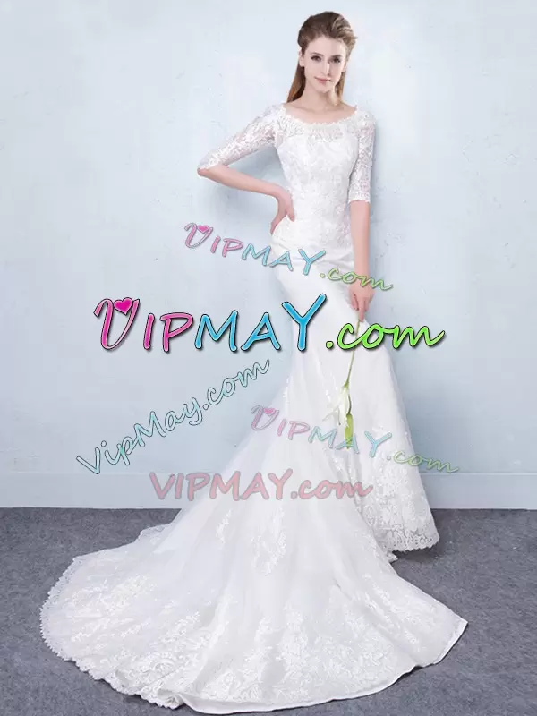 Enchanting Lace Wedding Dress White Lace Up Half Sleeves With Train Court Train