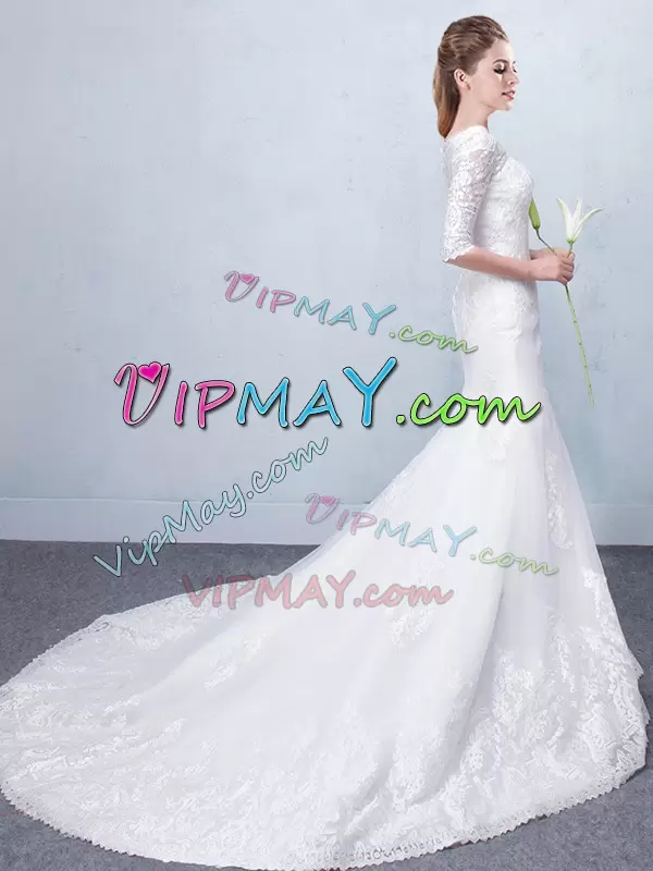 Enchanting Lace Wedding Dress White Lace Up Half Sleeves With Train Court Train