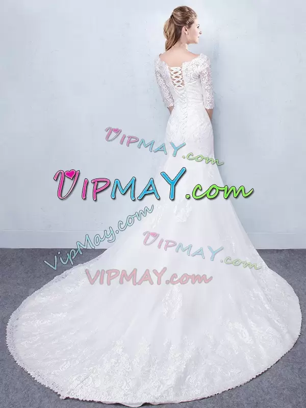 Enchanting Lace Wedding Dress White Lace Up Half Sleeves With Train Court Train