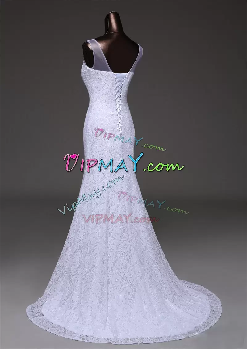 Lace Up Bridal Gown White for Beach and Wedding Party with Lace and Appliques Sweep Train
