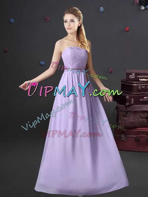 Lavender Chiffon Long Lace and Belt Quinceanera Court Dress