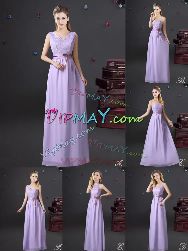 Lavender Chiffon Long Lace and Belt Quinceanera Court Dress