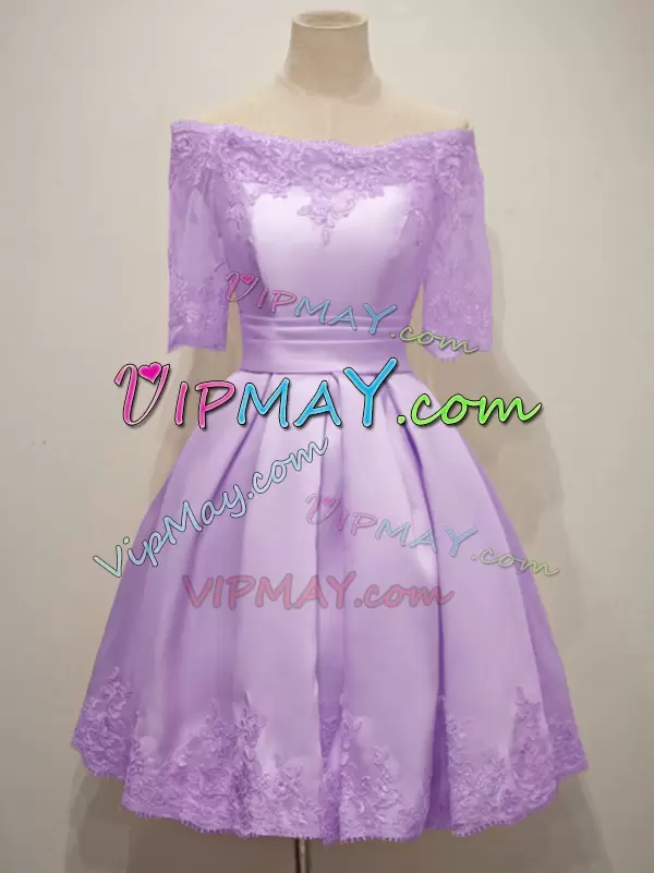 Customized Lavender Lace Up Bridesmaid Dress Lace Short Sleeves Knee Length