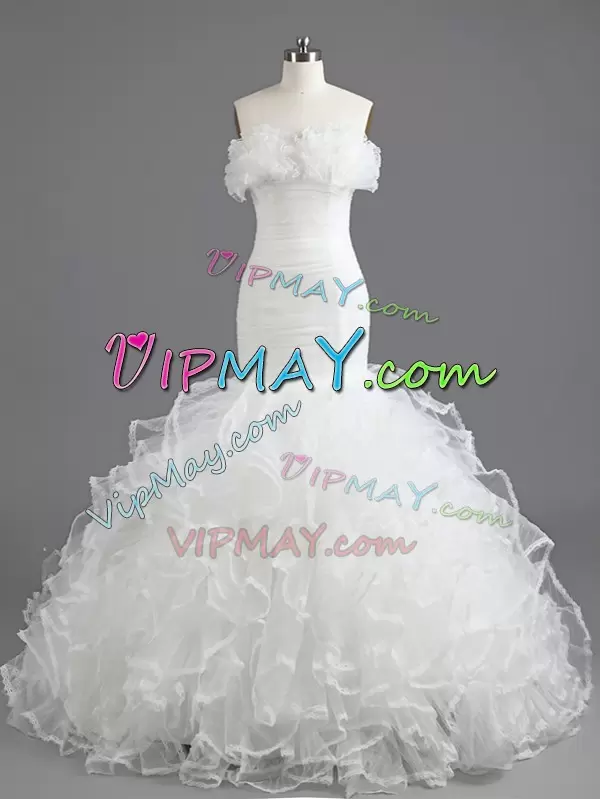 White Sleeveless With Train Ruffles Lace Up Wedding Dresses Sweetheart