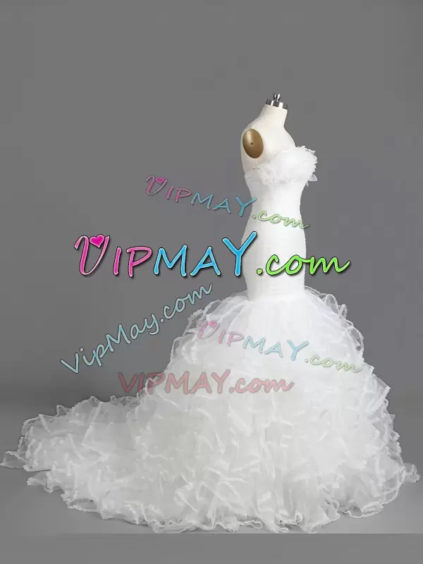 White Sleeveless With Train Ruffles Lace Up Wedding Dresses Sweetheart