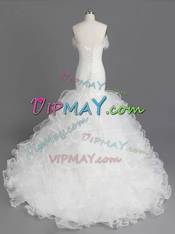 White Sleeveless With Train Ruffles Lace Up Wedding Dresses Sweetheart