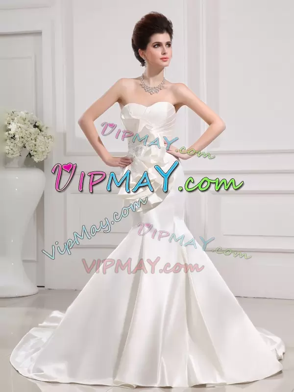 With Train White Wedding Gown Satin Court Train Sleeveless Ruffles and Ruching