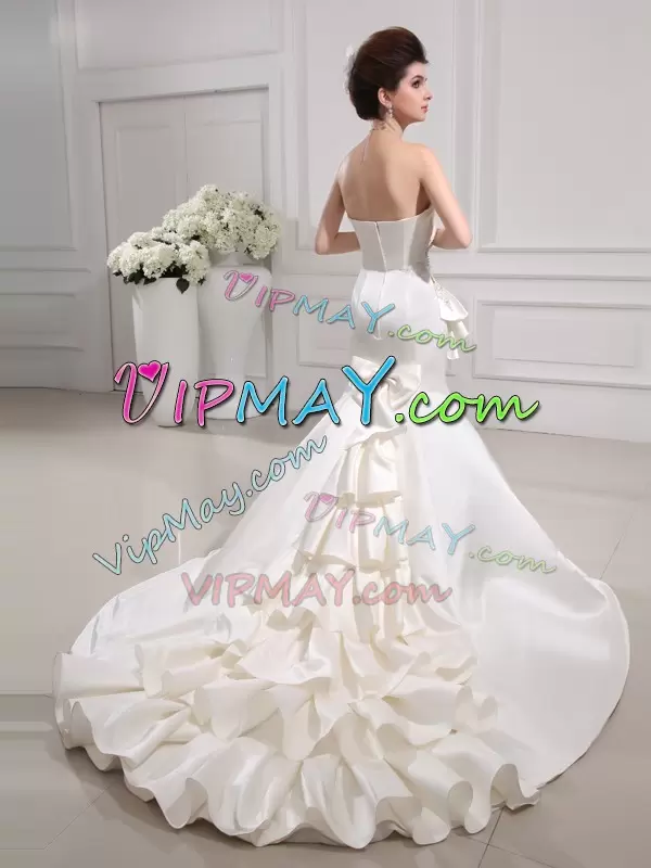 With Train White Wedding Gown Satin Court Train Sleeveless Ruffles and Ruching